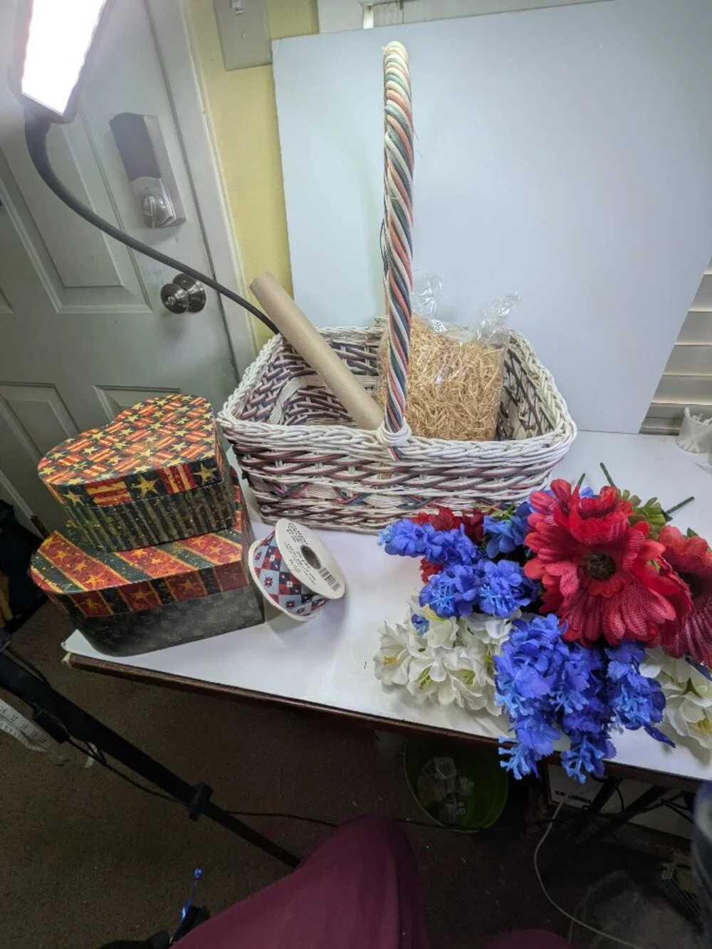 Old World Patriotic Decor Set; Bob’s Boxes Heart, 25yd Vintage Ribbon & Basket